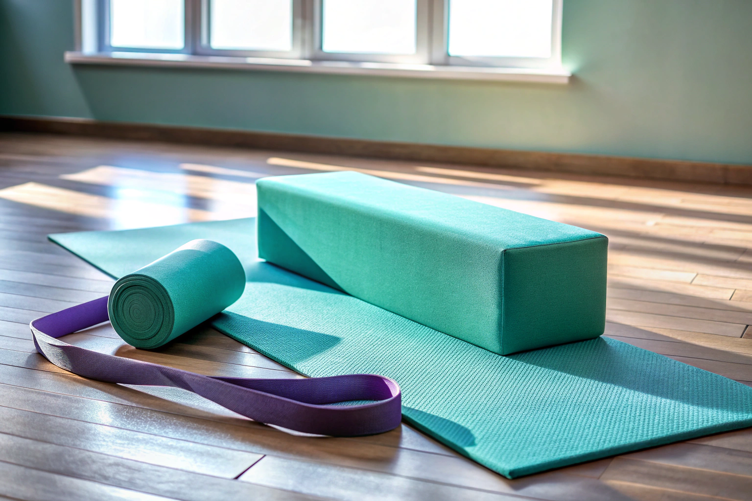 A yoga mat with two foam blocks and a strap arranged neatly on a clean floor, with soft shadows and no branding