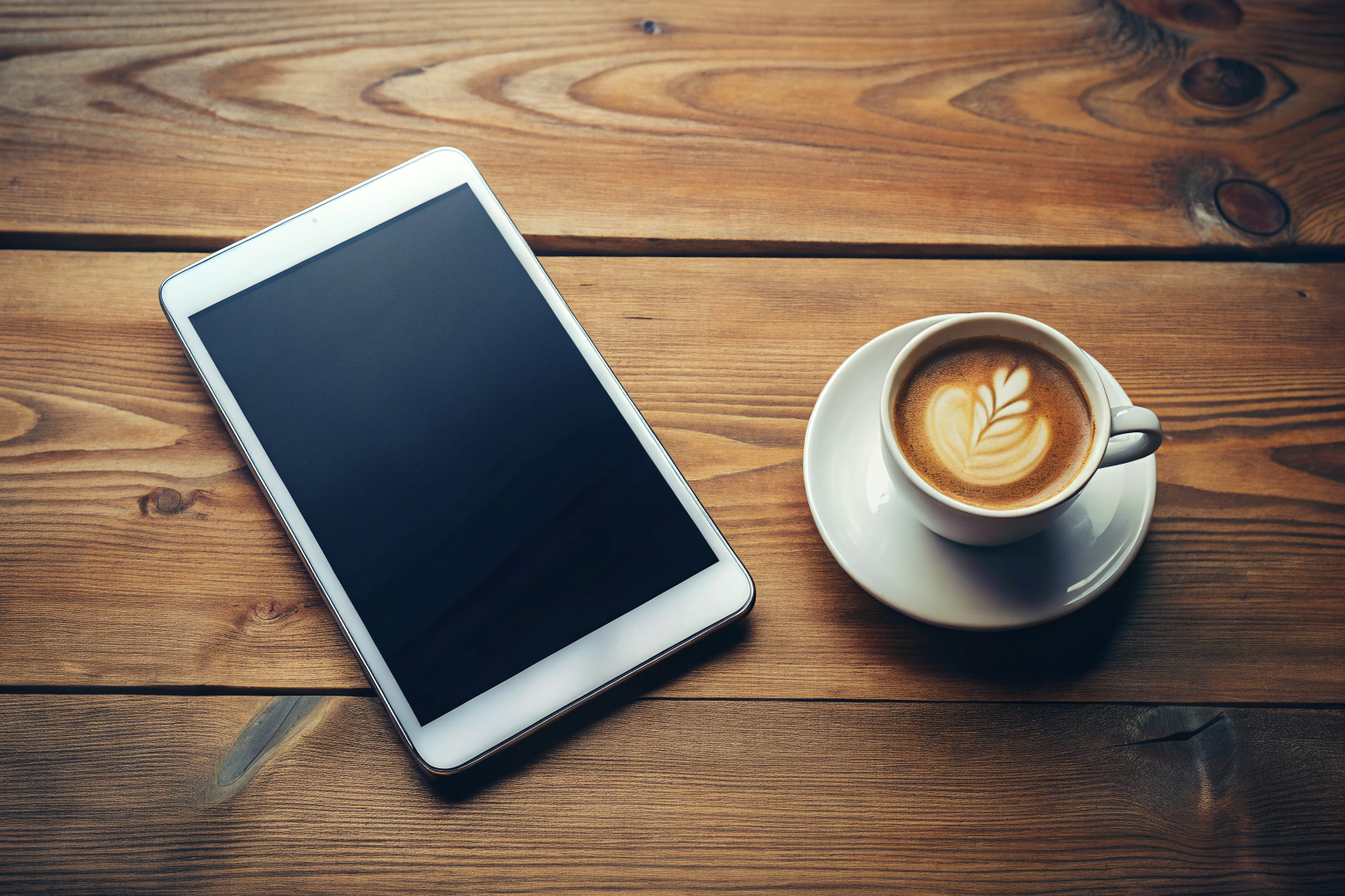 A clean, minimalist image of a smartphone and a tablet placed side by side on a wooden table, with a coffee cup nearby, symbolizing modern communication tools in a cozy setting