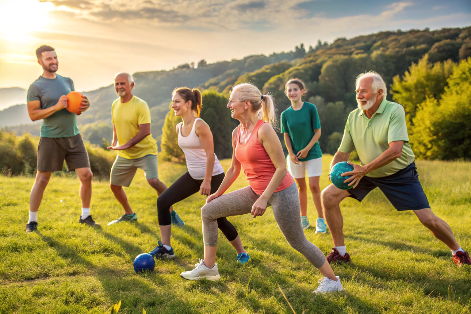 Un grup de persoane de diferite vârste practicând sporturi variate într-un peisaj natural, fără elemente de branding