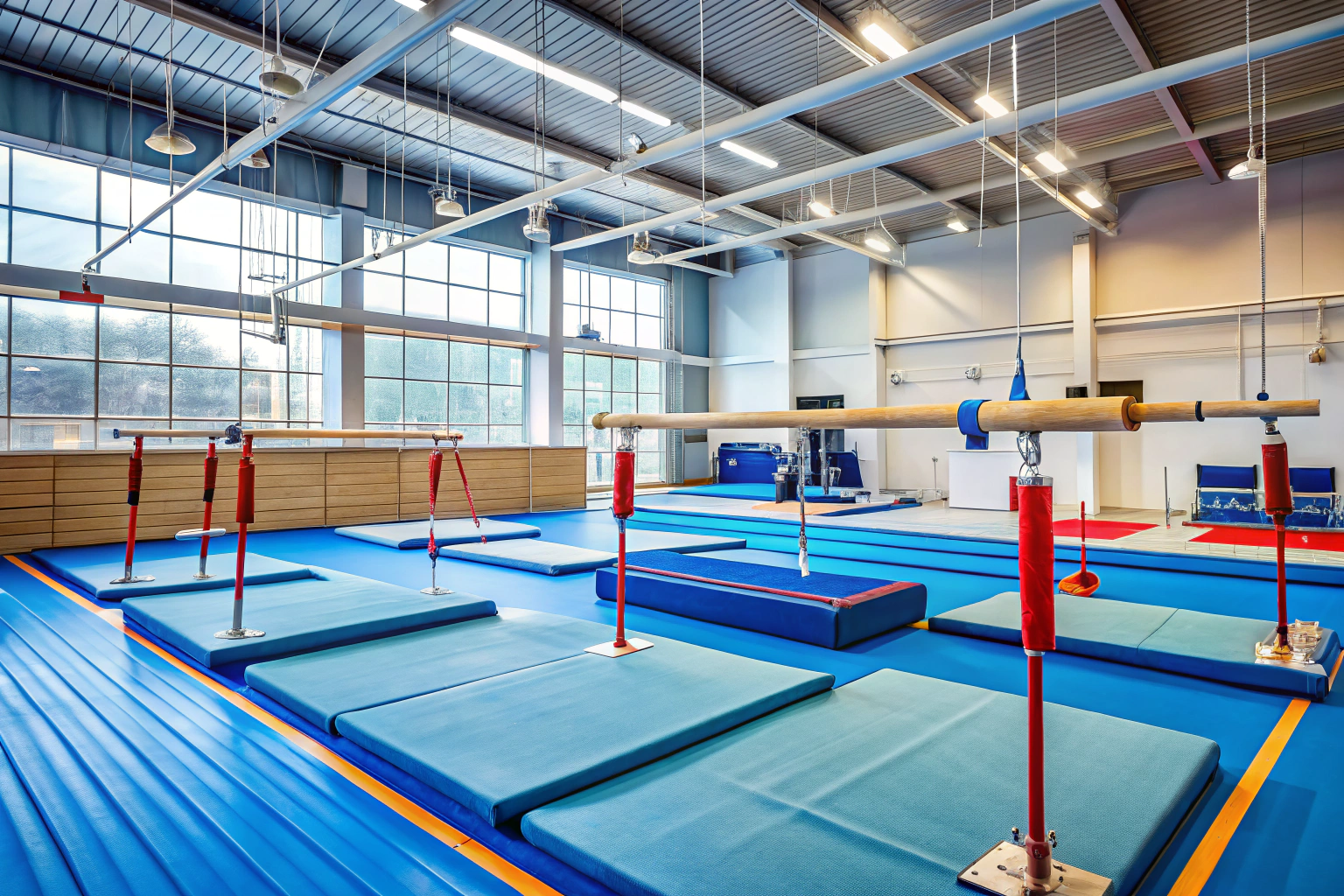 O imagine detaliată a unui spațiu de antrenament pentru gimnastică, cu o mătură albastră întinsă pe podea, bare paralele din metal și inele suspendate, toate fără mărci sau text, într-un ambient luminos și ordonat