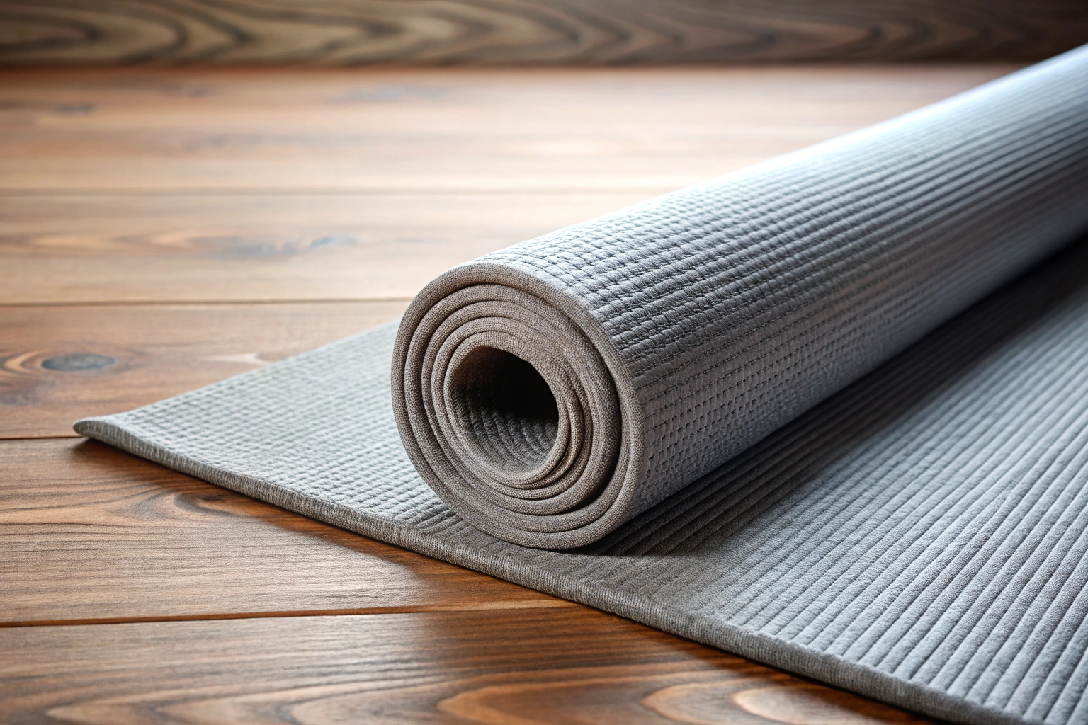 Un covor de yoga gri deschis, rulat și așezat pe o podea de lemn, cu o textură fină și fără detalii vizibile