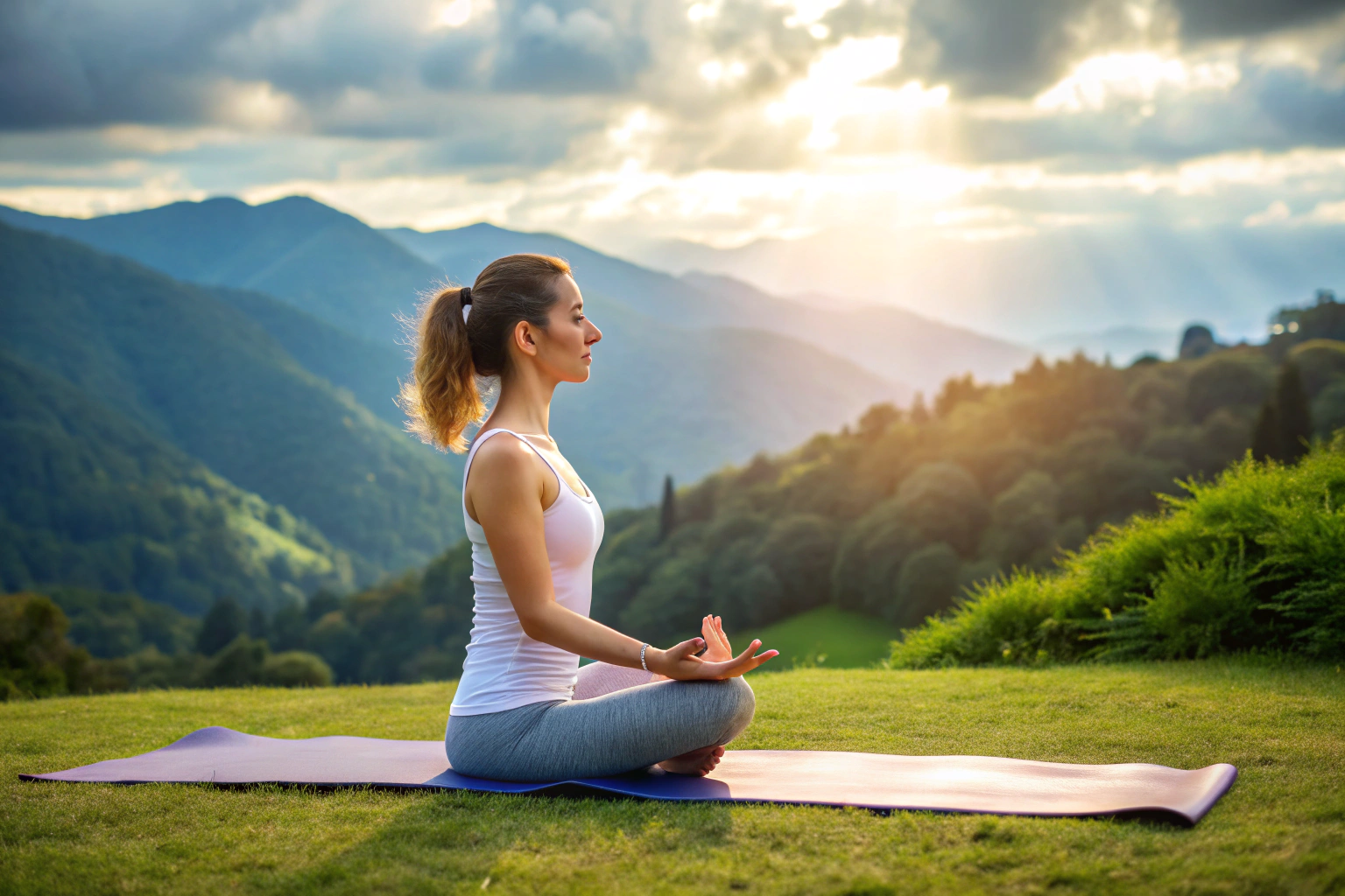 A person in a yoga pose on a high-quality mat in a peaceful outdoor environment, with no text or logos visible